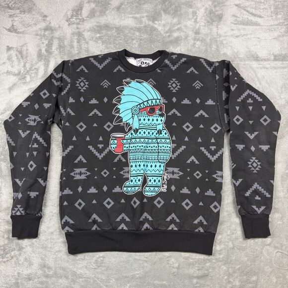 RIOT SOCIETY Sweatshirt Men’s Small Black Tribal Indian Chief Panda Bear - Picture 1 of 6